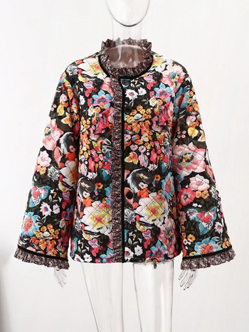 Свободно дамско палто с щампи на цветя, дебело топло памучно яке с дълъг ръкав 2023, елегантно есенно-зимно ежедневно улично облекло