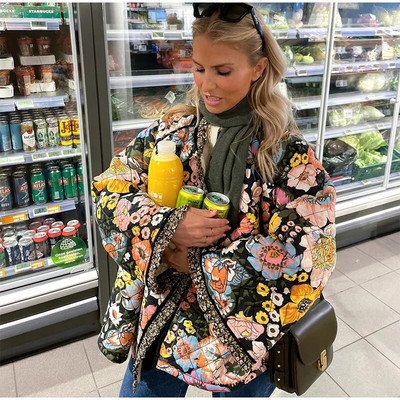 Lahtise lillega trükitud splaissiga mantel naistele pikkade varrukatega paks soe puuvillane jope 2023 elegantne sügistalvine vabaaja tänavarõivad