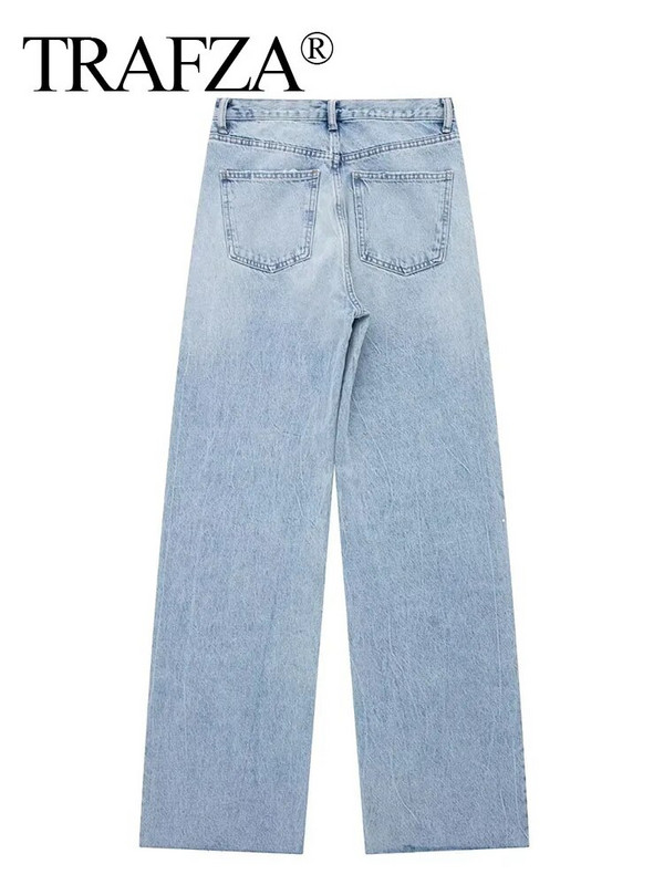 TRAFZA Plave široke traperice Ženske poderane traper hlače Ženske široke hlače visokog struka Modne Y2k ulične ženske hlače