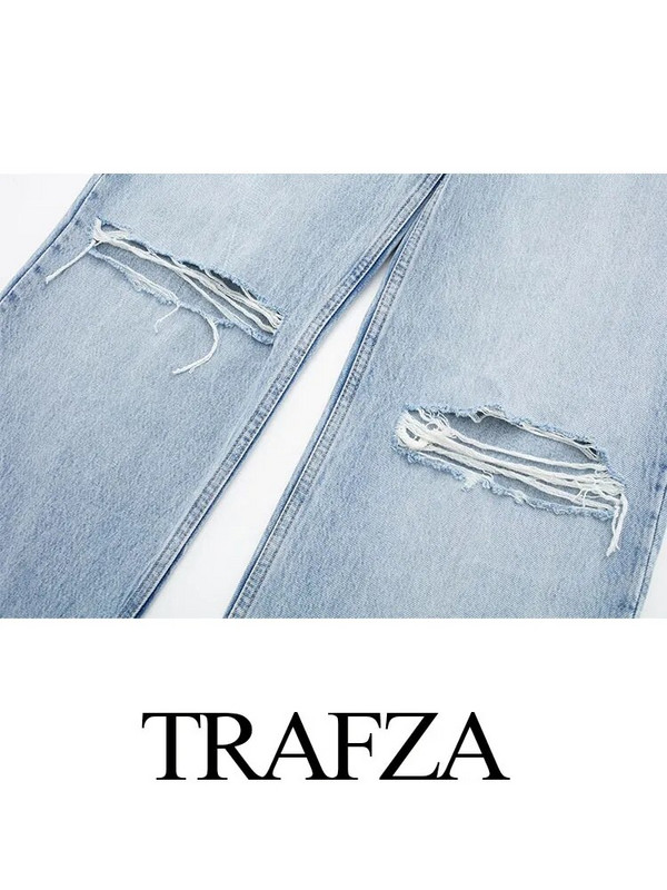 TRAFZA Plave široke traperice Ženske poderane traper hlače Ženske široke hlače visokog struka Modne Y2k ulične ženske hlače