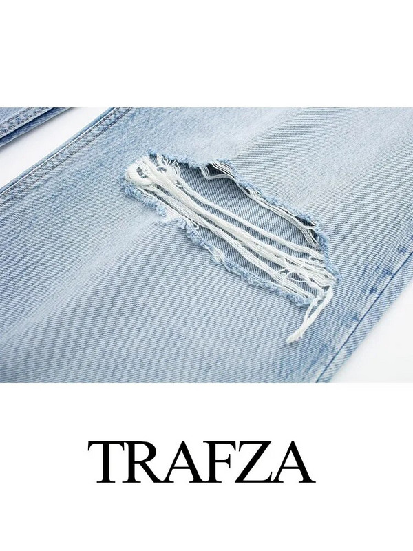 TRAFZA Plave široke traperice Ženske poderane traper hlače Ženske široke hlače visokog struka Modne Y2k ulične ženske hlače