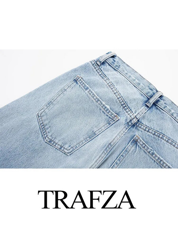 TRAFZA Plave široke traperice Ženske poderane traper hlače Ženske široke hlače visokog struka Modne Y2k ulične ženske hlače