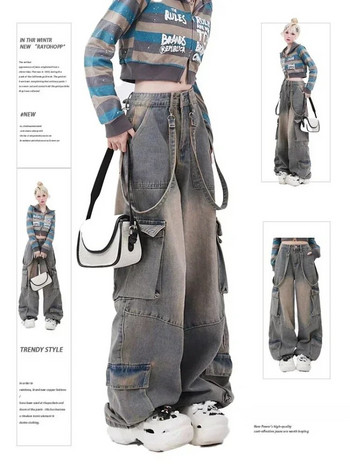 Y2K Korean Acubi Grunge Blue Cargo Jeans Естетични готически широки крачоли с висока талия Деним широки панталони Прави панталони Дамски дрехи