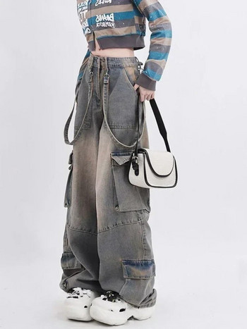 Y2K Κορεάτικο Acubi Grunge Μπλε Τζιν Cargo Αισθητικό γοτθικό ψηλόμεσο φαρδύ τζιν φαρδύ παντελόνι ίσιο παντελόνι Γυναικεία ρούχα