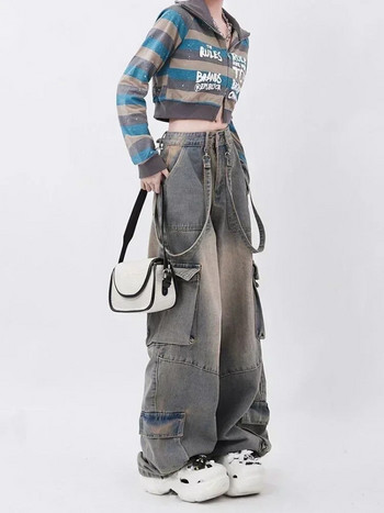 Y2K Korean Acubi Grunge Blue Cargo Jeans Естетични готически широки крачоли с висока талия Деним широки панталони Прави панталони Дамски дрехи