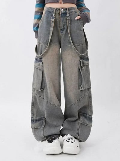 Y2K coreeană Acubi Grunge Blue Cargo Jeans estetici gotici cu talie înaltă pantaloni largi din denim pantaloni drepți haine pentru femei