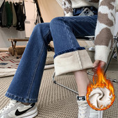 Talvised naiste fliisist flare teksad Stretch õhukesed sinised korea moe laia säärega Y2k püksid soojad paksud plüüsist sametist teksapüksid