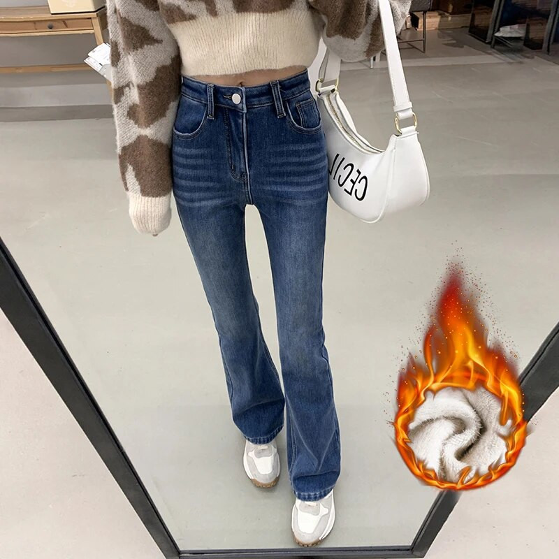 Talvised naiste fliisist flare teksad Stretch õhukesed sinised korea moe laia säärega Y2k püksid soojad paksud plüüsist sametist teksapüksid