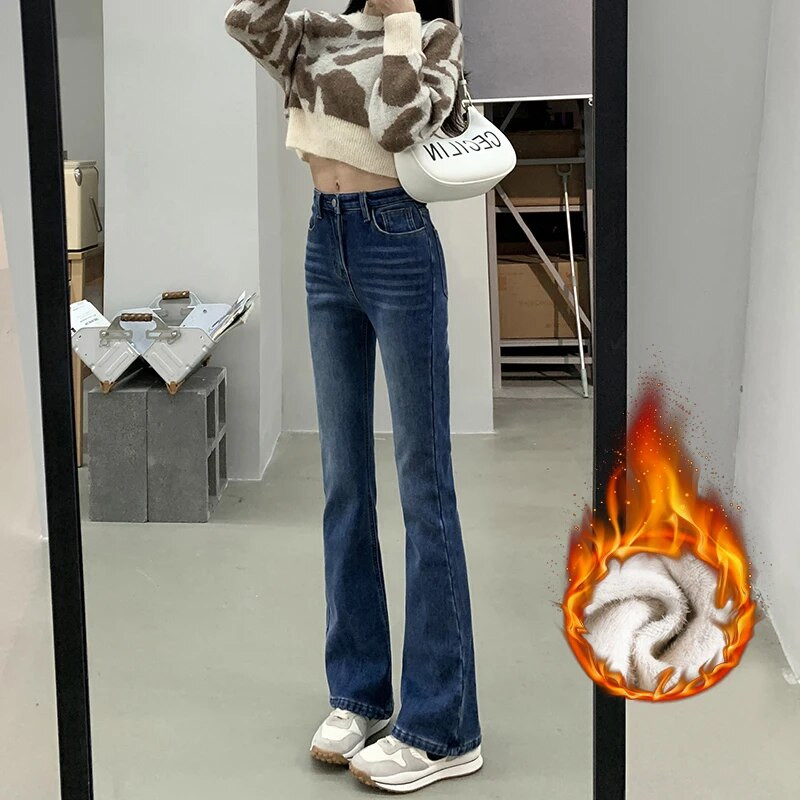 Talvised naiste fliisist flare teksad Stretch õhukesed sinised korea moe laia säärega Y2k püksid soojad paksud plüüsist sametist teksapüksid