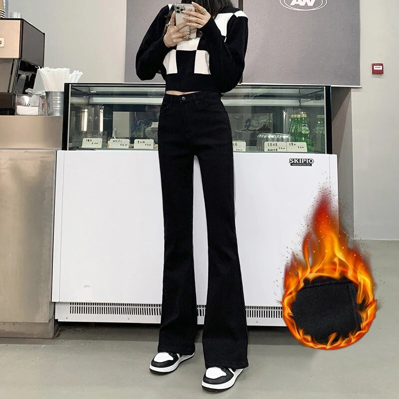 Talvised naiste fliisist flare teksad Stretch õhukesed sinised korea moe laia säärega Y2k püksid soojad paksud plüüsist sametist teksapüksid