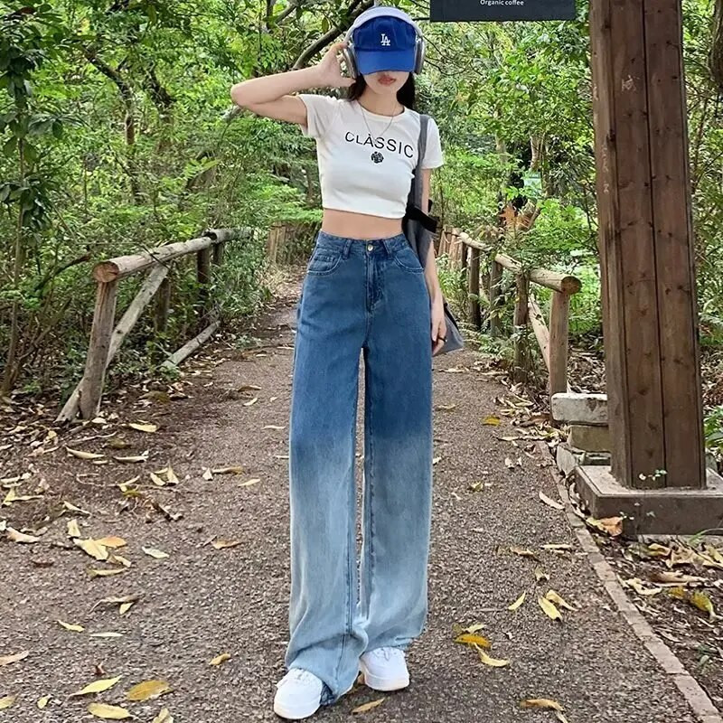 Talvised naiste alaosad Vintage gradientteksad vabaaja kottis laia säärega sirged püksid, moes, teksapüksid, naiste sügis.