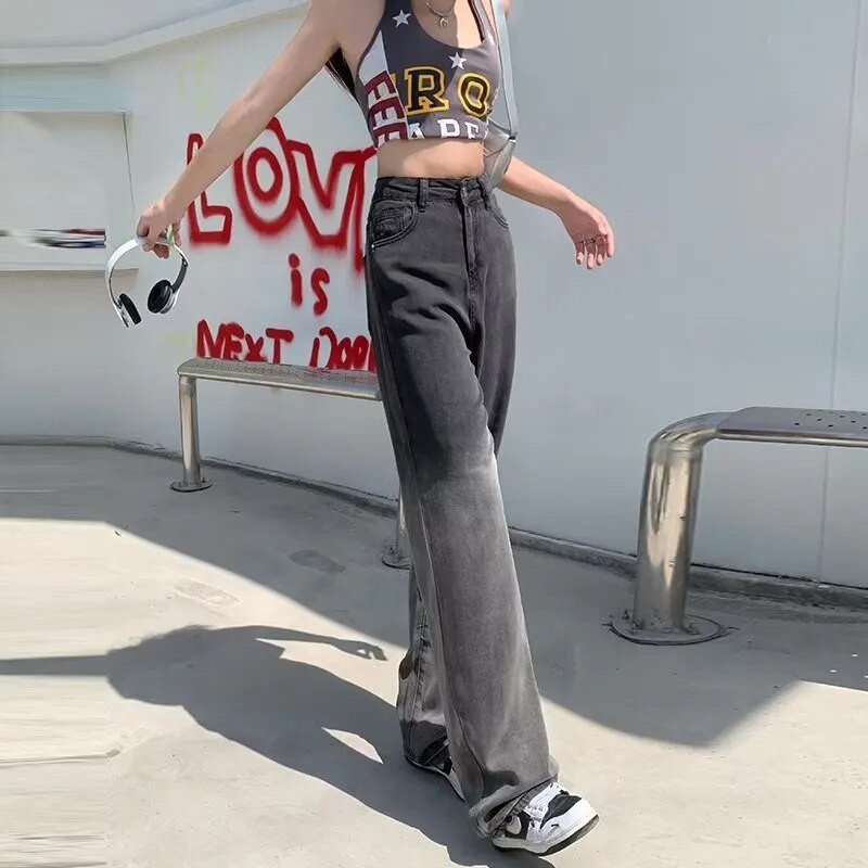 Talvised naiste alaosad Vintage gradientteksad vabaaja kottis laia säärega sirged püksid, moes, teksapüksid, naiste sügis.