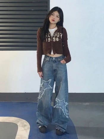 HOUZHOU Винтидж улично облекло от 90-те Star Blue Jeans Дамски Y2K Grunge Distressed Patchwork Големи дънкови панталони с широки крачоли Дамски ретро