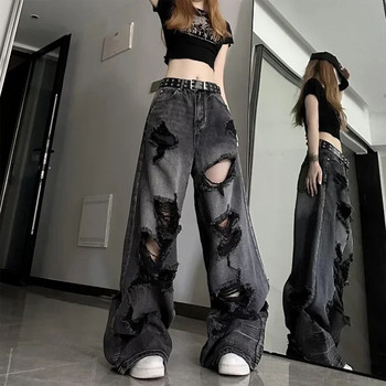 Deeptown Black Y2k Скъсани дънки Дамски Harajuku Gothic Grunge Baggy Denim Pants Корейски Streetwear Gyaru Панталони Kpop Hippi New