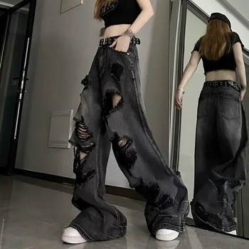 Deeptown Black Y2k Скъсани дънки Дамски Harajuku Gothic Grunge Baggy Denim Pants Корейски Streetwear Gyaru Панталони Kpop Hippi New