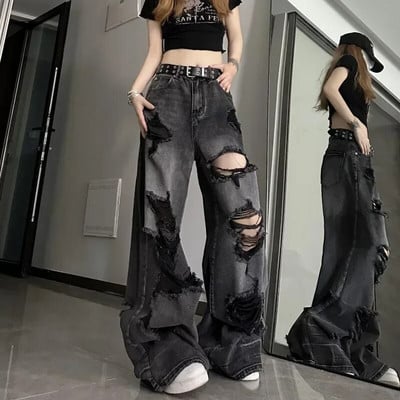 Deeptown Black Y2k Ripped Jeans Sieviešu Harajuku Gothic Grunge Baggy Denim Bikses Korejiešu Streetwear Gyaru Bikses Kpop Hipiju Jauns