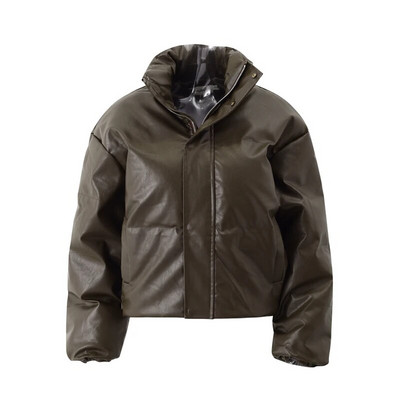 Nahast polsterdatud naiste külm paks lühike mantli aluskrae 2023. aasta talvine soliidne lahtine tõmblukuga nupp Naiste soe jope tänavariided