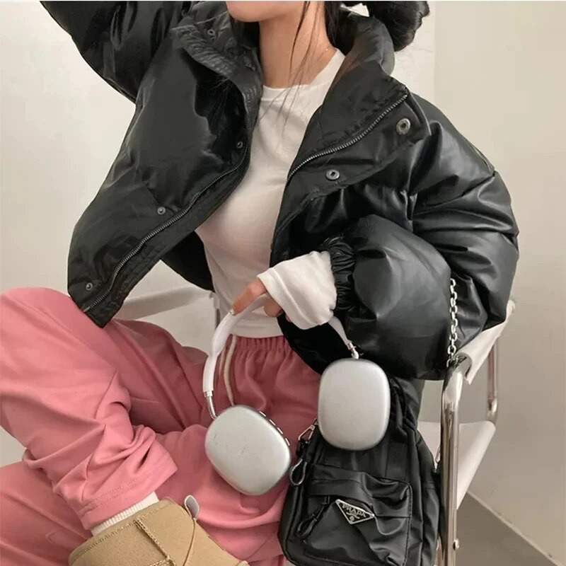 Nahast polsterdatud naiste külm paks lühike mantli aluskrae 2023. aasta talvine soliidne lahtine tõmblukuga nupp Naiste soe jope tänavariided