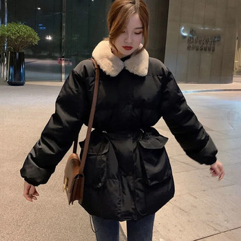 Xpqbb Κορεάτικη μόδα Γυναικείες χειμερινές γούνες πάρκα γιακά Χοντρό ζεστό χιόνι Φόρεμα με επένδυση Parka Ladies Street Loose μακριά βαμβακερά παλτό