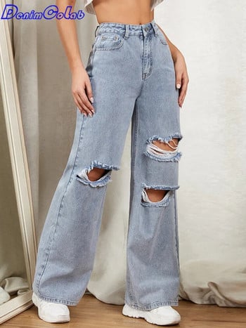 DenimColab 2023 Hole Washed Wide Leg Παντελόνι Τζιν Γυναικείο Loose Boyfriend Jeans 100% βαμβάκι Mom Jeans Casual Παντελόνι Τζιν παντελόνι