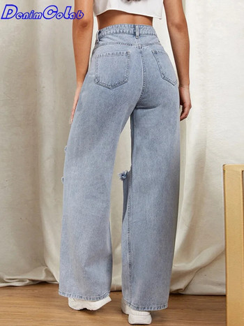 DenimColab 2023 Hole Washed Wide Leg Παντελόνι Τζιν Γυναικείο Loose Boyfriend Jeans 100% βαμβάκι Mom Jeans Casual Παντελόνι Τζιν παντελόνι