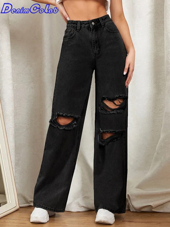 DenimColab 2023 Hole Washed Wide Leg Παντελόνι Τζιν Γυναικείο Loose Boyfriend Jeans 100% βαμβάκι Mom Jeans Casual Παντελόνι Τζιν παντελόνι