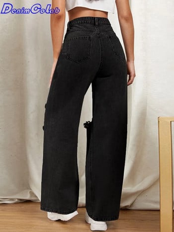 DenimColab 2023 Hole Washed Wide Leg Παντελόνι Τζιν Γυναικείο Loose Boyfriend Jeans 100% βαμβάκι Mom Jeans Casual Παντελόνι Τζιν παντελόνι