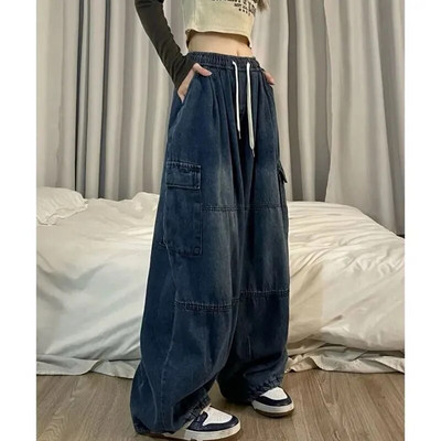 Jarné a jesenné džínsy s vysokým pásom a sťahovacou šnúrkou, vrecovité nohavice pre ženy, vintage rovné džínsy Y2k Harajuku, módne jednoduché džínsové nohavice