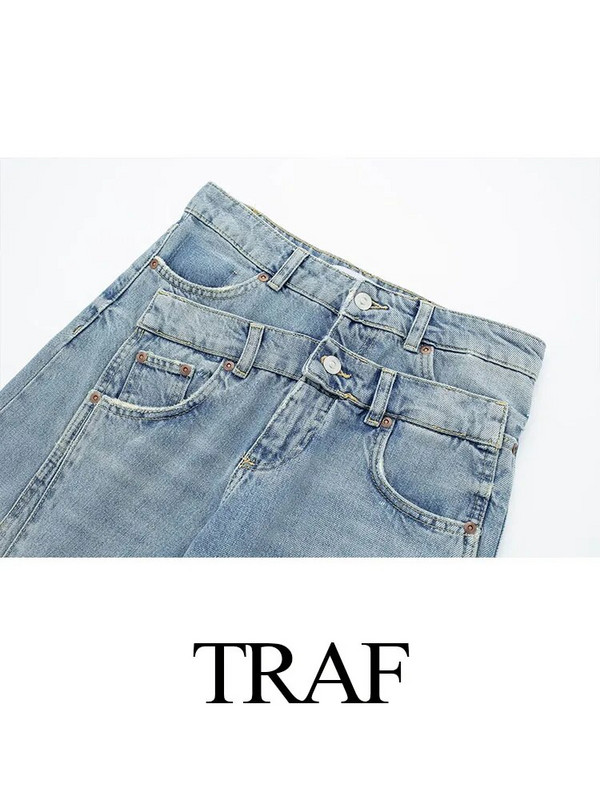 TRAF 2023 Γυναικεία μόδα Ψηλόμεση Vintage Άνοιξη Casual Street Slim Patchwork Τζιν παντελόνι Γυναικείο φαρδύ τζιν μακρύ παντελόνι
