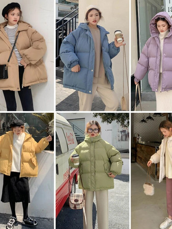 Ново дамско късо яке през 2020 г., зимни палта с дебела памучна подплата и качулка, дамски корейски широки паркове с пуфове, дамски извънгабаритни връхни дрехи