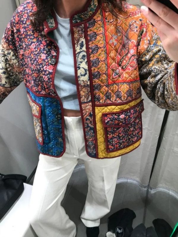 Vintage Patchwork Paks puuvillane jope Naiste avara taskuga pikkade varrukatega 2023. aasta sügistalve jope Naistele O-kaelusega naiste välirõivad Uus