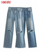 Tangada 20223 Ženske plave poderane traperice Hlače Hlače s džepovima i gumbima Ženske duge traper hlače 4M329X