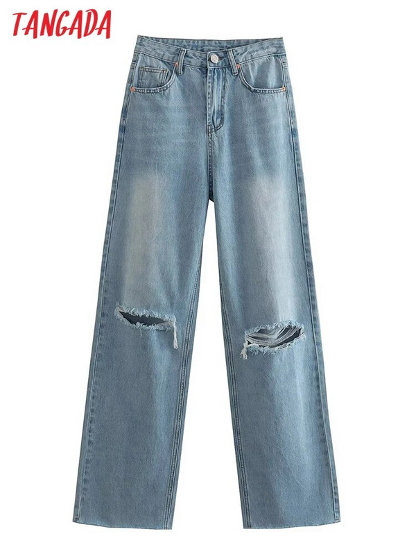 Tangada 20223 Ženske plave poderane traperice Hlače Hlače s džepovima i gumbima Ženske duge traper hlače 4M329X