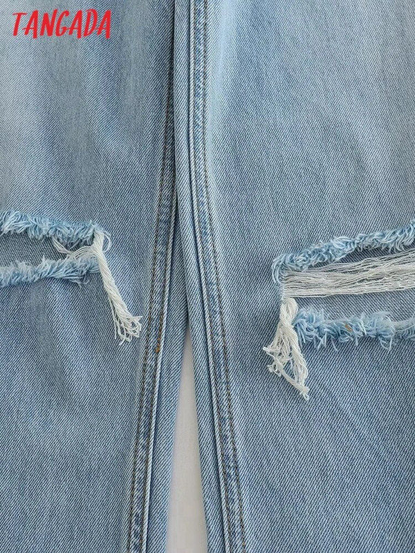 Tangada 20223 Ženske plave poderane traperice Hlače Hlače s džepovima i gumbima Ženske duge traper hlače 4M329X