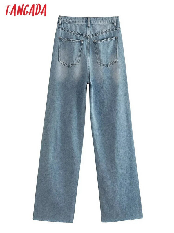 Tangada 20223 Ženske plave poderane traperice Hlače Hlače s džepovima i gumbima Ženske duge traper hlače 4M329X