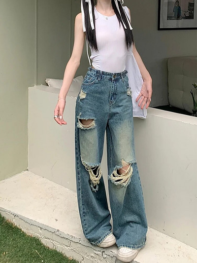 Amerikāņu stila vintage sievietes, somas, saplēstas džinsa bikses, taisnas, brīvas ikdienas džinsu bikses sievietēm High Street hiphops