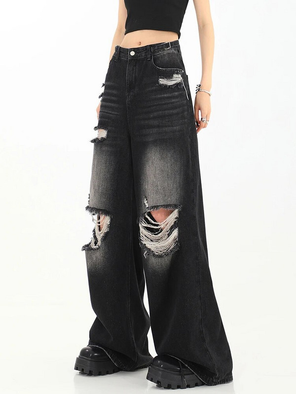 Amerikāņu stila vintage sievietes, somas, saplēstas džinsa bikses, taisnas, brīvas ikdienas džinsu bikses sievietēm High Street hiphops