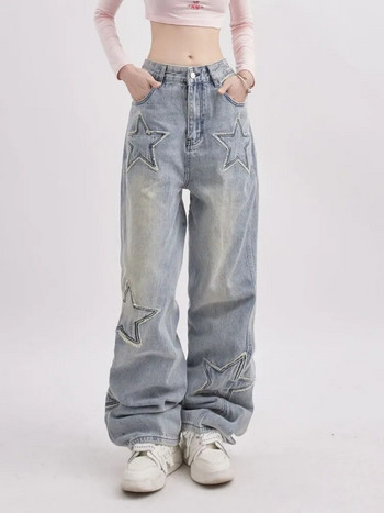 HOUZHOU Y2K 90s Streetwear Star Jeans Γυναικεία Vintage ταλαιπωρημένα μπλε φαρδιά τζιν παντελόνια αμερικανικό ρετρό φαρδύ παντελόνι Κορεατικού στιλ