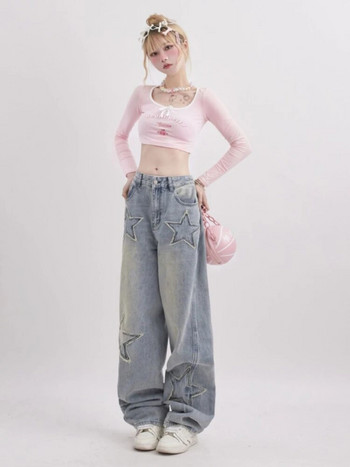 HOUZHOU Y2K 90s Streetwear Star Jeans Γυναικεία Vintage ταλαιπωρημένα μπλε φαρδιά τζιν παντελόνια αμερικανικό ρετρό φαρδύ παντελόνι Κορεατικού στιλ