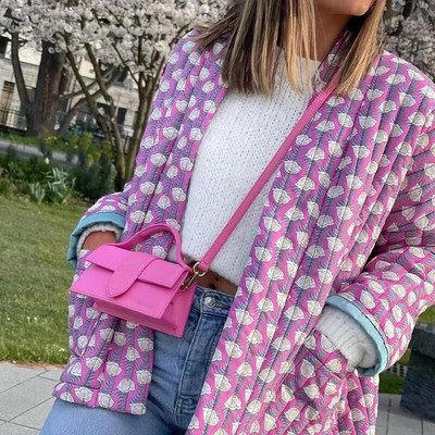 Elegantne trükitud soe naiste mantel pikkade varrukatega 2023. aasta sügistalvejoped Naistele, eest avatud tasku puuvillane tänavarõivaste jakk, daam