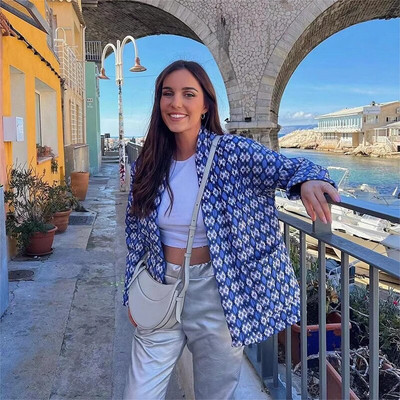 Elegantne trükitud soe naiste mantel pikkade varrukatega 2023. aasta sügistalvejoped Naistele, eest avatud tasku puuvillane tänavarõivaste jakk, daam