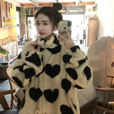 Naiste avar mantel Naiste kahepoolne kandmine armastav süda lambavill talveriided polsterdatud jakk Moodne püstkrae ümberpööratav