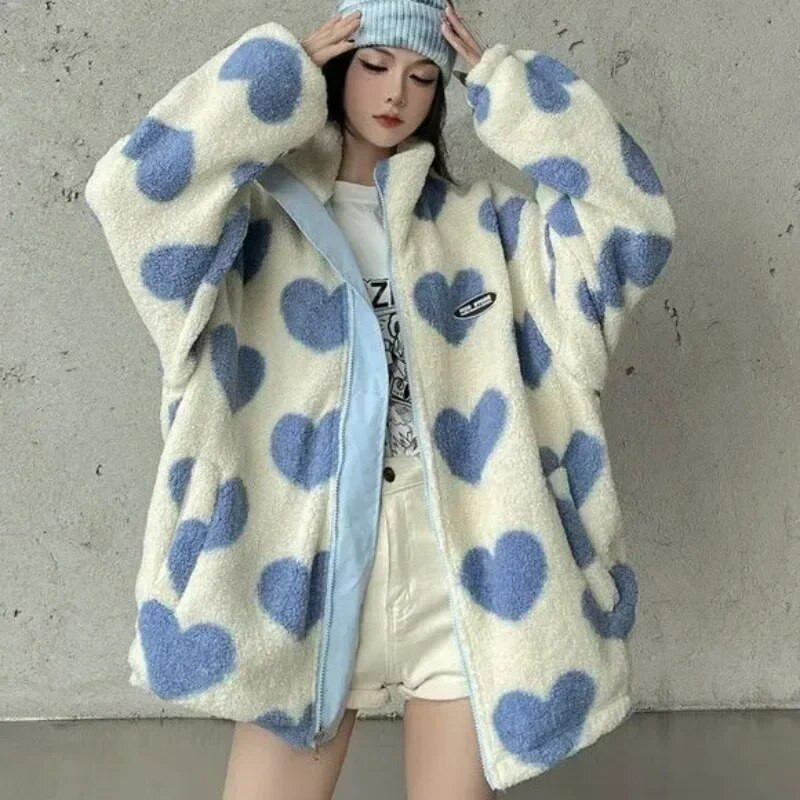 Naiste avar mantel Naiste kahepoolne kandmine armastav süda lambavill talveriided polsterdatud jakk Moodne püstkrae ümberpööratav