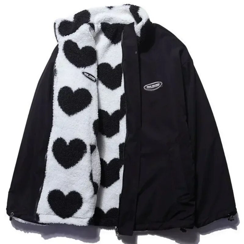 Naiste avar mantel Naiste kahepoolne kandmine armastav süda lambavill talveriided polsterdatud jakk Moodne püstkrae ümberpööratav