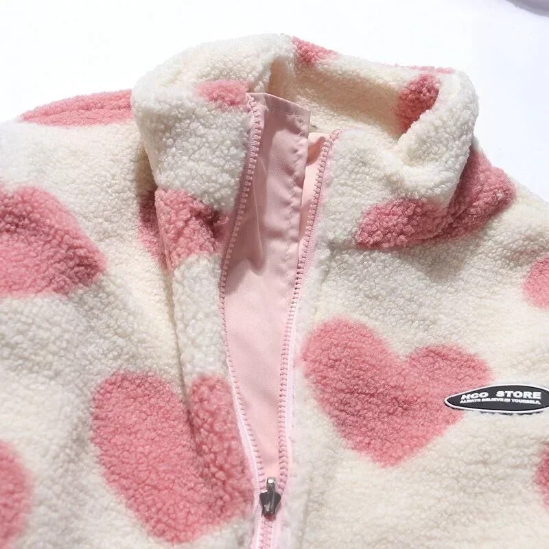 Naiste avar mantel Naiste kahepoolne kandmine armastav süda lambavill talveriided polsterdatud jakk Moodne püstkrae ümberpööratav
