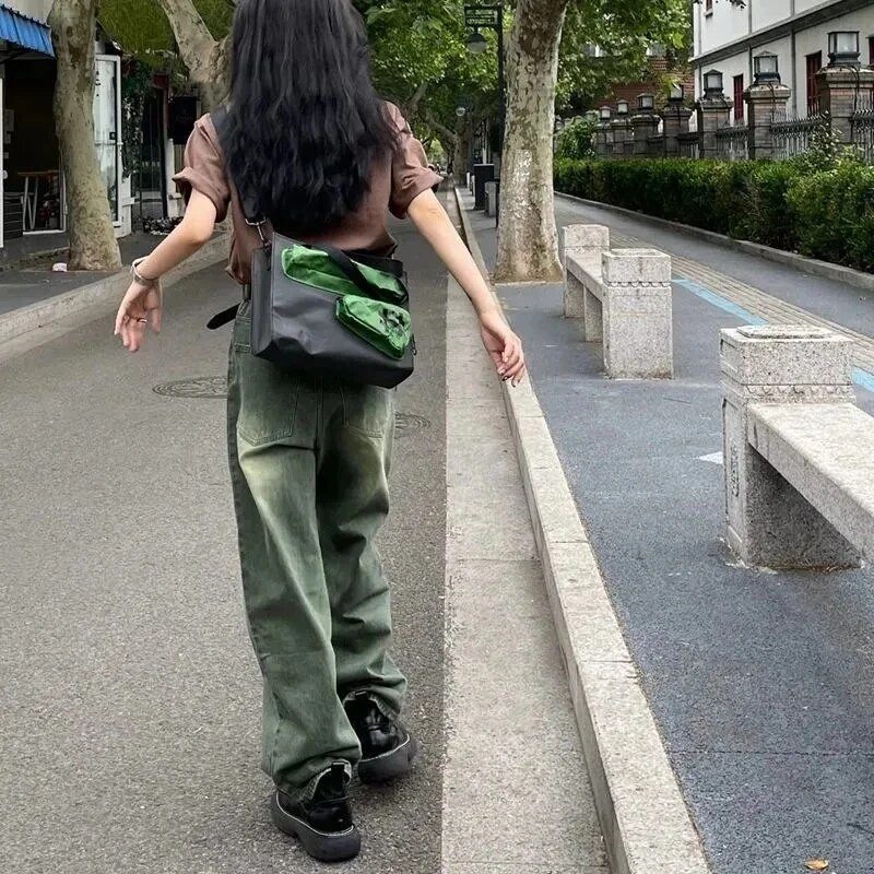 BIYABY 2022 Uued Gradient Rohelised Teksapüksid Naiste Ameerika Vintage High Street Denimpüksid Naine Pestud Vanad laia säärega püksid