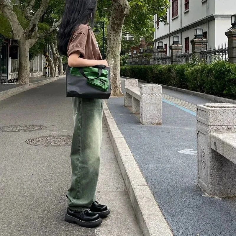 BIYABY 2022 Uued Gradient Rohelised Teksapüksid Naiste Ameerika Vintage High Street Denimpüksid Naine Pestud Vanad laia säärega püksid