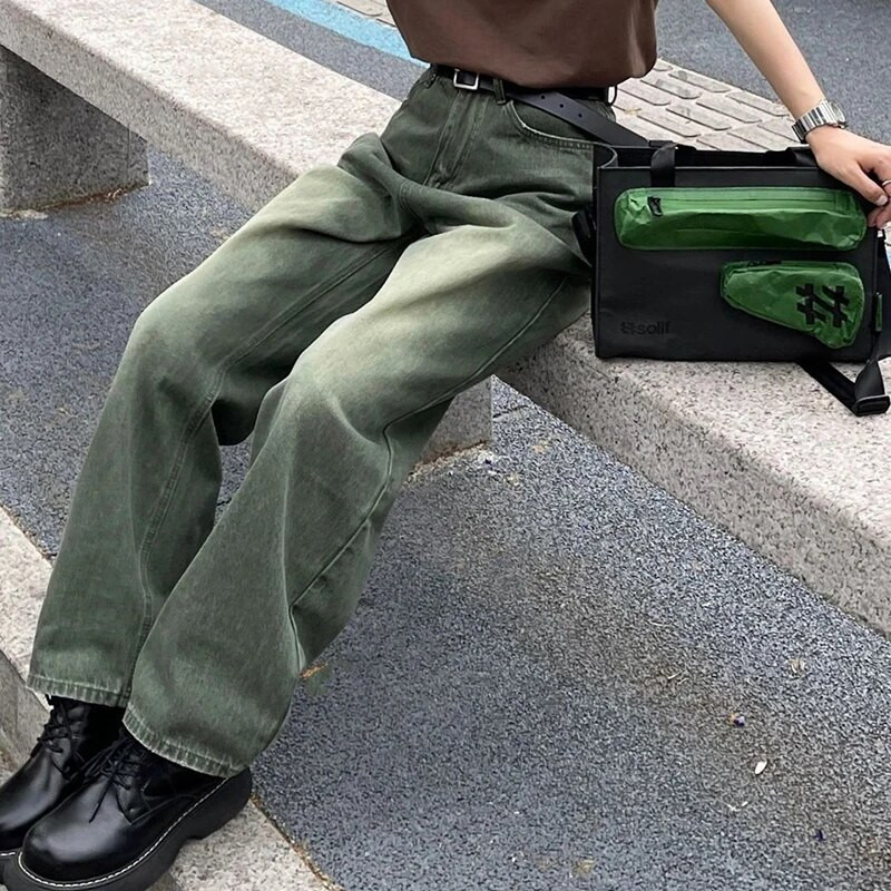 BIYABY 2022 Uued Gradient Rohelised Teksapüksid Naiste Ameerika Vintage High Street Denimpüksid Naine Pestud Vanad laia säärega püksid