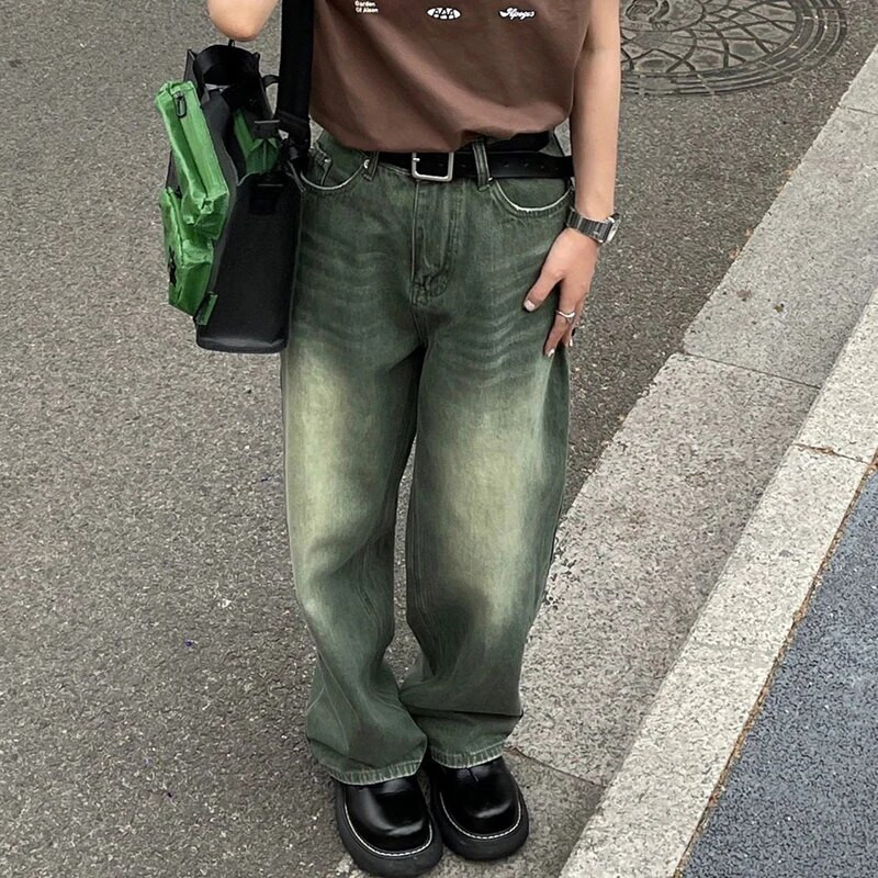 BIYABY 2022 Uued Gradient Rohelised Teksapüksid Naiste Ameerika Vintage High Street Denimpüksid Naine Pestud Vanad laia säärega püksid