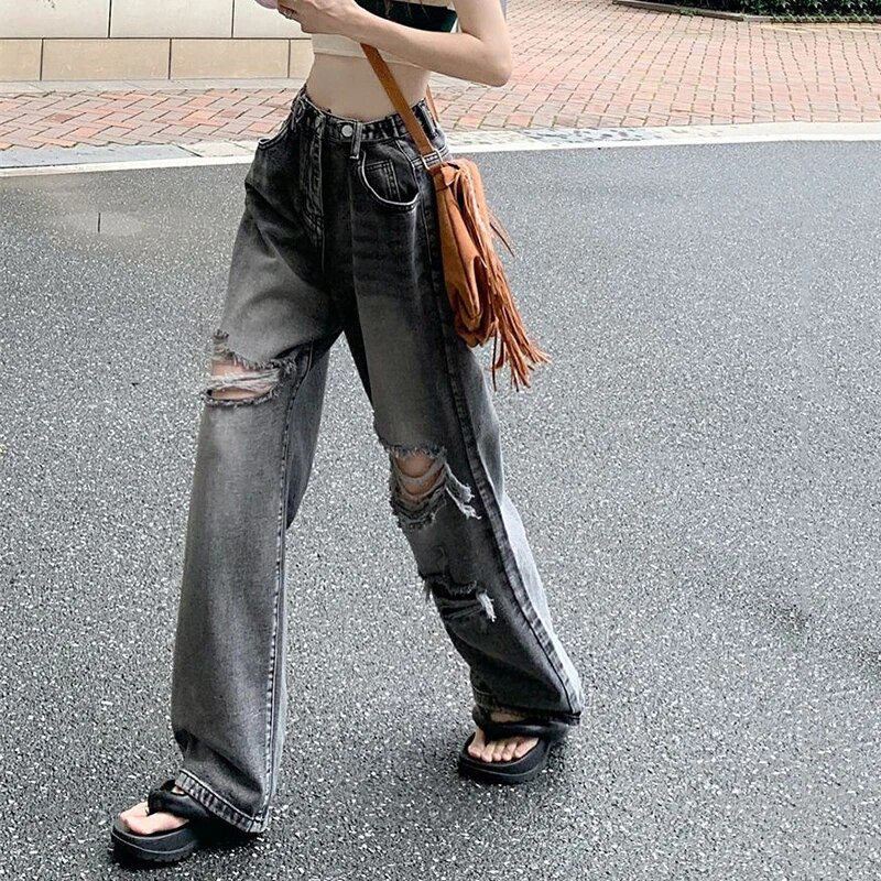 Lucyever Vintage poderane ženske traperice Jesenske nove traper hlače s visokim strukom širokih nogavica Ženske tinejdžerice Y2K Streetwear široke ležerne hlače